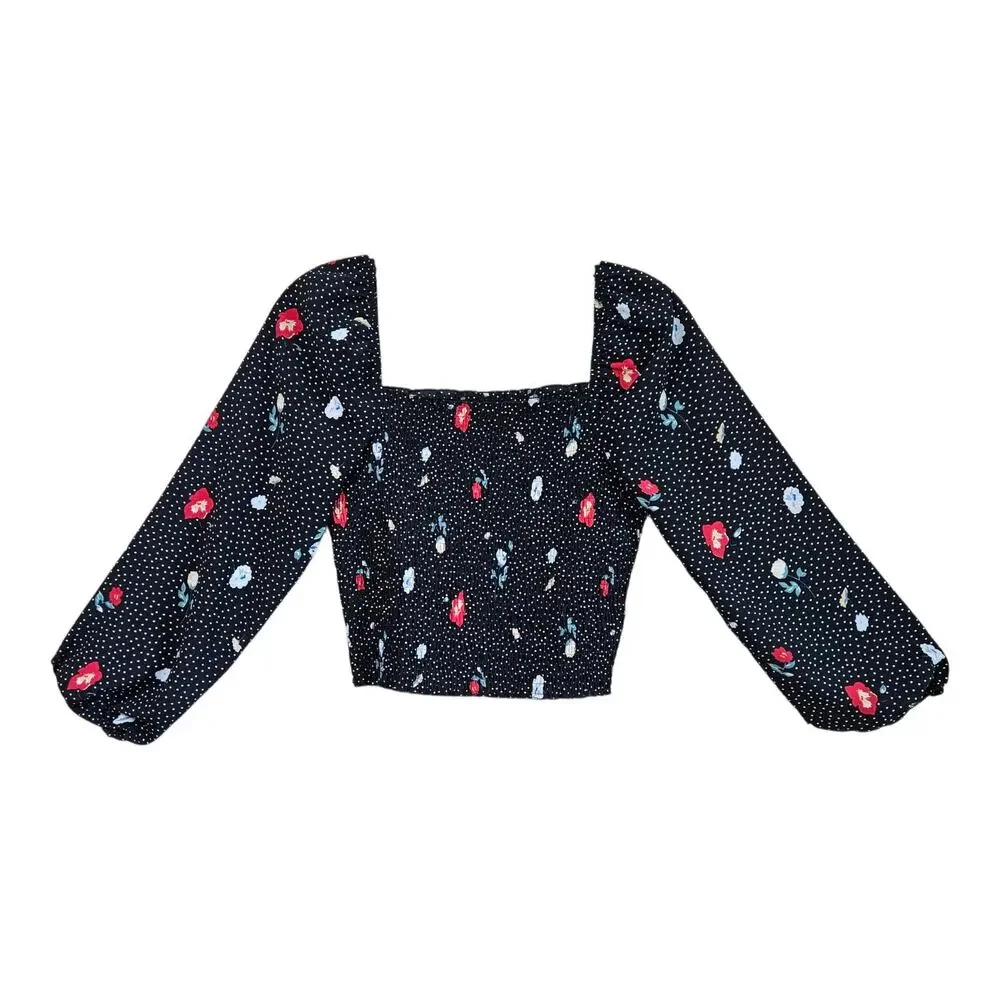 ABERCROMBIE & FITCH Women's S Smocked Peasant Blouse Polka Dots Flowers Cropped